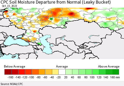 Russian Federation CPC Soil Moisture Departure from Normal (Leaky Bucket) Thematic Map For 10/11/2023 - 10/15/2023