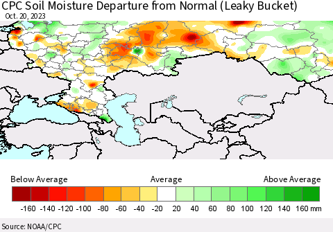 Russian Federation CPC Soil Moisture Departure from Normal (Leaky Bucket) Thematic Map For 10/16/2023 - 10/20/2023