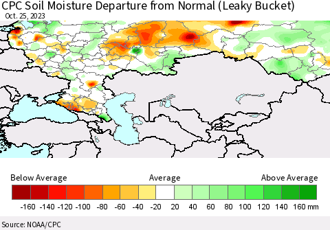 Russian Federation CPC Soil Moisture Departure from Normal (Leaky Bucket) Thematic Map For 10/21/2023 - 10/25/2023