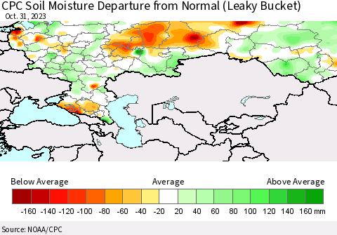 Russian Federation CPC Soil Moisture Departure from Normal (Leaky Bucket) Thematic Map For 10/26/2023 - 10/31/2023