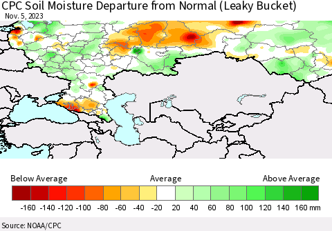 Russian Federation CPC Soil Moisture Departure from Normal (Leaky Bucket) Thematic Map For 11/1/2023 - 11/5/2023
