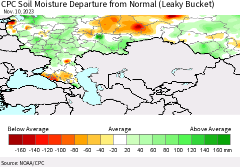 Russian Federation CPC Soil Moisture Departure from Normal (Leaky Bucket) Thematic Map For 11/6/2023 - 11/10/2023