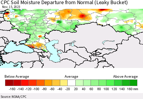 Russian Federation CPC Soil Moisture Departure from Normal (Leaky Bucket) Thematic Map For 11/11/2023 - 11/15/2023