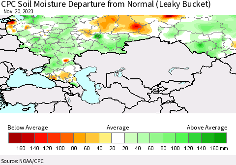 Russian Federation CPC Soil Moisture Departure from Normal (Leaky Bucket) Thematic Map For 11/16/2023 - 11/20/2023