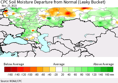 Russian Federation CPC Soil Moisture Departure from Normal (Leaky Bucket) Thematic Map For 11/21/2023 - 11/25/2023