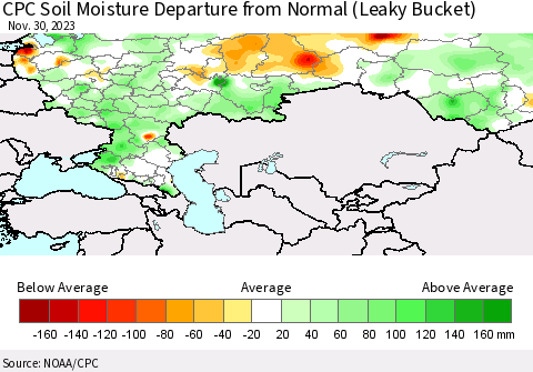 Russian Federation CPC Soil Moisture Departure from Normal (Leaky Bucket) Thematic Map For 11/26/2023 - 11/30/2023
