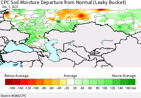 Russian Federation CPC Soil Moisture Departure from Normal (Leaky Bucket) Thematic Map For 12/1/2023 - 12/5/2023