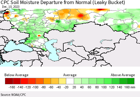Russian Federation CPC Soil Moisture Departure from Normal (Leaky Bucket) Thematic Map For 12/6/2023 - 12/10/2023