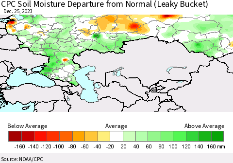 Russian Federation CPC Soil Moisture Departure from Normal (Leaky Bucket) Thematic Map For 12/21/2023 - 12/25/2023