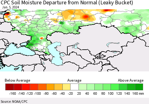 Russian Federation CPC Soil Moisture Departure from Normal (Leaky Bucket) Thematic Map For 1/1/2024 - 1/5/2024