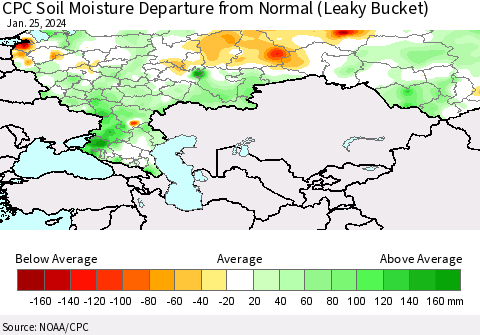 Russian Federation CPC Soil Moisture Departure from Normal (Leaky Bucket) Thematic Map For 1/21/2024 - 1/25/2024
