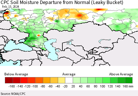 Russian Federation CPC Soil Moisture Departure from Normal (Leaky Bucket) Thematic Map For 2/11/2024 - 2/15/2024