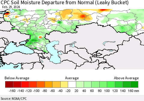 Russian Federation CPC Soil Moisture Departure from Normal (Leaky Bucket) Thematic Map For 2/26/2024 - 2/29/2024