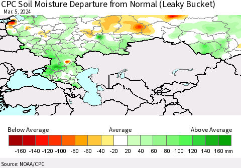 Russian Federation CPC Soil Moisture Departure from Normal (Leaky Bucket) Thematic Map For 3/1/2024 - 3/5/2024