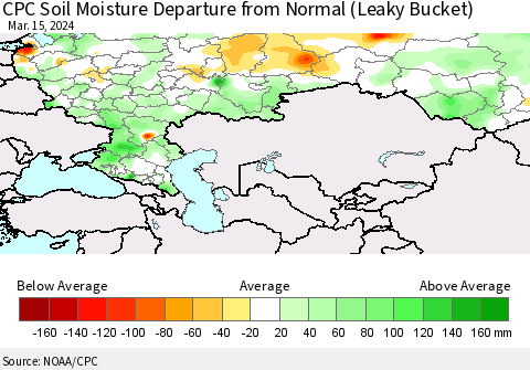 Russian Federation CPC Soil Moisture Departure from Normal (Leaky Bucket) Thematic Map For 3/11/2024 - 3/15/2024