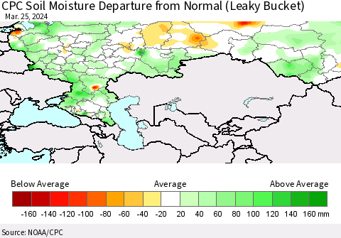 Russian Federation CPC Soil Moisture Departure from Normal (Leaky Bucket) Thematic Map For 3/21/2024 - 3/25/2024
