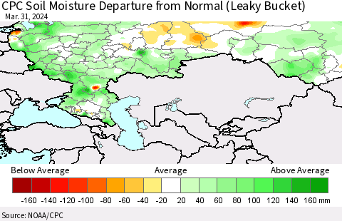 Russian Federation CPC Soil Moisture Departure from Normal (Leaky Bucket) Thematic Map For 3/26/2024 - 3/31/2024