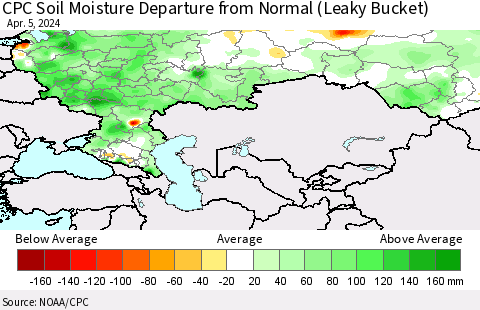 Russian Federation CPC Soil Moisture Departure from Normal (Leaky Bucket) Thematic Map For 4/1/2024 - 4/5/2024