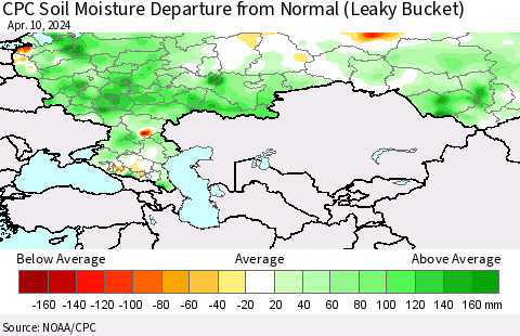 Russian Federation CPC Soil Moisture Departure from Normal (Leaky Bucket) Thematic Map For 4/6/2024 - 4/10/2024
