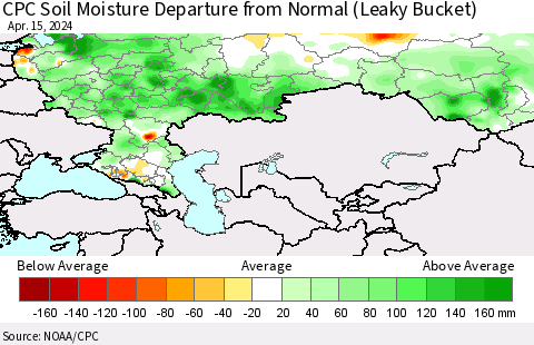 Russian Federation CPC Soil Moisture Departure from Normal (Leaky Bucket) Thematic Map For 4/11/2024 - 4/15/2024