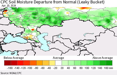 Russian Federation CPC Soil Moisture Departure from Normal (Leaky Bucket) Thematic Map For 4/16/2024 - 4/20/2024