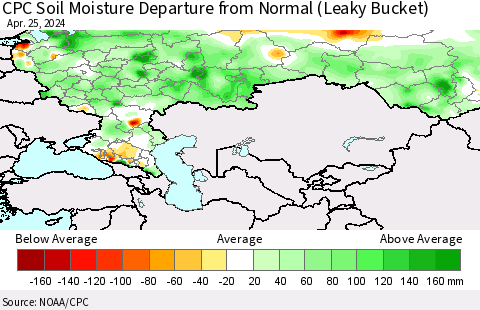 Russian Federation CPC Soil Moisture Departure from Normal (Leaky Bucket) Thematic Map For 4/21/2024 - 4/25/2024