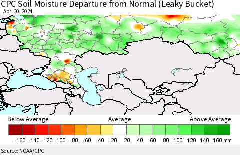 Russian Federation CPC Soil Moisture Departure from Normal (Leaky Bucket) Thematic Map For 4/26/2024 - 4/30/2024