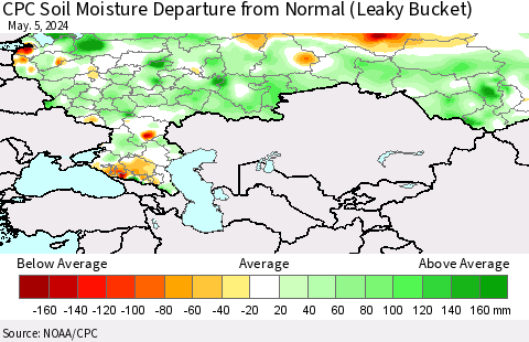 Russian Federation CPC Soil Moisture Departure from Normal (Leaky Bucket) Thematic Map For 5/1/2024 - 5/5/2024