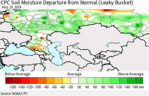 Russian Federation CPC Soil Moisture Departure from Normal (Leaky Bucket) Thematic Map For 5/6/2024 - 5/10/2024