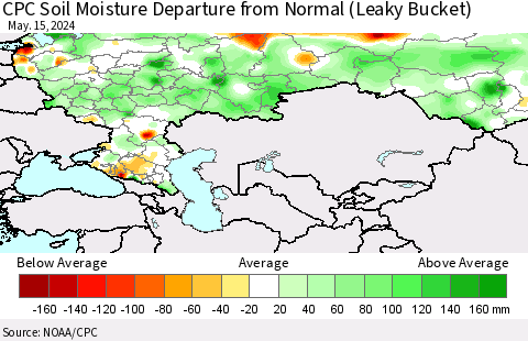 Russian Federation CPC Soil Moisture Departure from Normal (Leaky Bucket) Thematic Map For 5/11/2024 - 5/15/2024