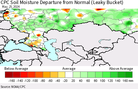 Russian Federation CPC Soil Moisture Departure from Normal (Leaky Bucket) Thematic Map For 5/21/2024 - 5/25/2024