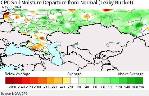 Russian Federation CPC Soil Moisture Departure from Normal (Leaky Bucket) Thematic Map For 5/26/2024 - 5/31/2024