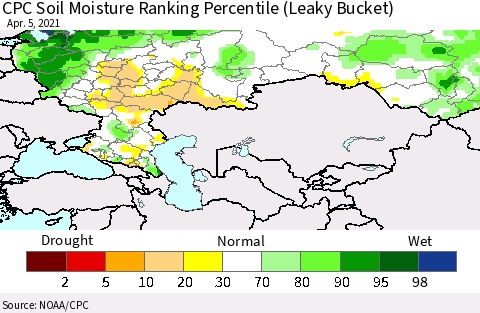 Russian Federation CPC Soil Moisture Ranking Percentile (Leaky Bucket) Thematic Map For 4/1/2021 - 4/5/2021