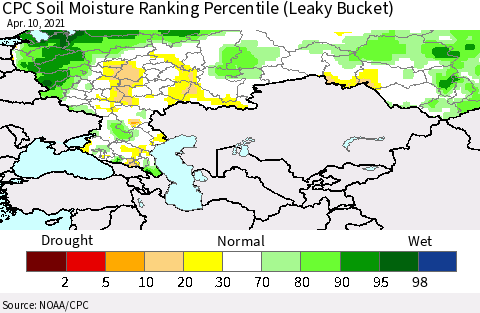 Russian Federation CPC Soil Moisture Ranking Percentile (Leaky Bucket) Thematic Map For 4/6/2021 - 4/10/2021