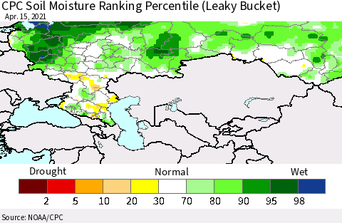 Russian Federation CPC Soil Moisture Ranking Percentile (Leaky Bucket) Thematic Map For 4/11/2021 - 4/15/2021