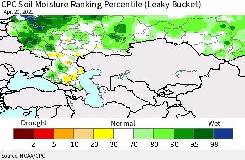 Russian Federation CPC Soil Moisture Ranking Percentile (Leaky Bucket) Thematic Map For 4/16/2021 - 4/20/2021