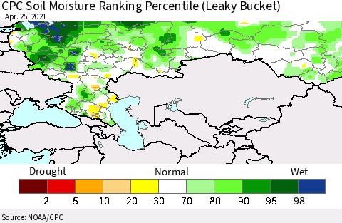 Russian Federation CPC Soil Moisture Ranking Percentile (Leaky Bucket) Thematic Map For 4/21/2021 - 4/25/2021