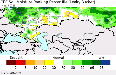 Russian Federation CPC Soil Moisture Ranking Percentile (Leaky Bucket) Thematic Map For 5/1/2021 - 5/5/2021