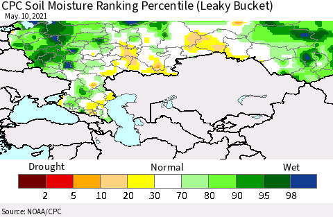Russian Federation CPC Soil Moisture Ranking Percentile (Leaky Bucket) Thematic Map For 5/6/2021 - 5/10/2021