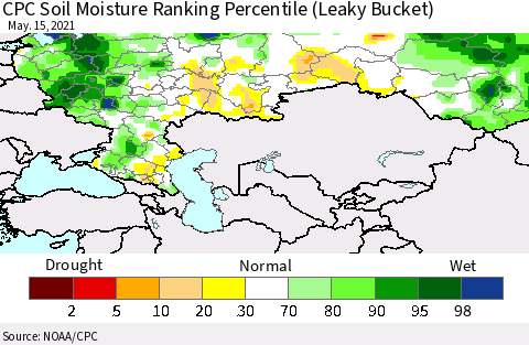 Russian Federation CPC Soil Moisture Ranking Percentile (Leaky Bucket) Thematic Map For 5/11/2021 - 5/15/2021