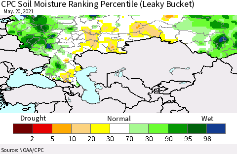 Russian Federation CPC Soil Moisture Ranking Percentile (Leaky Bucket) Thematic Map For 5/16/2021 - 5/20/2021