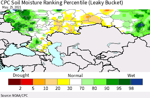 Russian Federation CPC Soil Moisture Ranking Percentile (Leaky Bucket) Thematic Map For 5/21/2021 - 5/25/2021