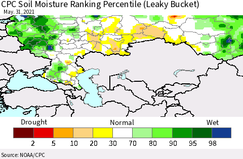 Russian Federation CPC Soil Moisture Ranking Percentile (Leaky Bucket) Thematic Map For 5/26/2021 - 5/31/2021