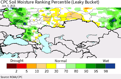 Russian Federation CPC Soil Moisture Ranking Percentile (Leaky Bucket) Thematic Map For 6/1/2021 - 6/5/2021