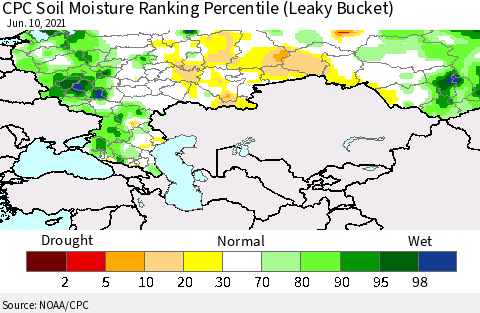 Russian Federation CPC Soil Moisture Ranking Percentile (Leaky Bucket) Thematic Map For 6/6/2021 - 6/10/2021