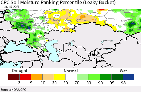 Russian Federation CPC Soil Moisture Ranking Percentile (Leaky Bucket) Thematic Map For 6/11/2021 - 6/15/2021