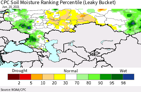 Russian Federation CPC Soil Moisture Ranking Percentile (Leaky Bucket) Thematic Map For 6/16/2021 - 6/20/2021