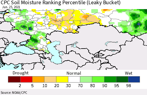 Russian Federation CPC Soil Moisture Ranking Percentile (Leaky Bucket) Thematic Map For 6/21/2021 - 6/25/2021
