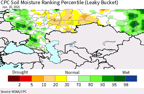 Russian Federation CPC Soil Moisture Ranking Percentile (Leaky Bucket) Thematic Map For 6/26/2021 - 6/30/2021