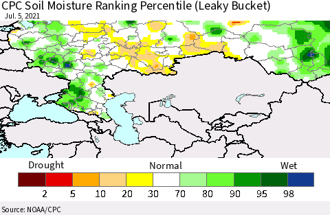 Russian Federation CPC Soil Moisture Ranking Percentile (Leaky Bucket) Thematic Map For 7/1/2021 - 7/5/2021